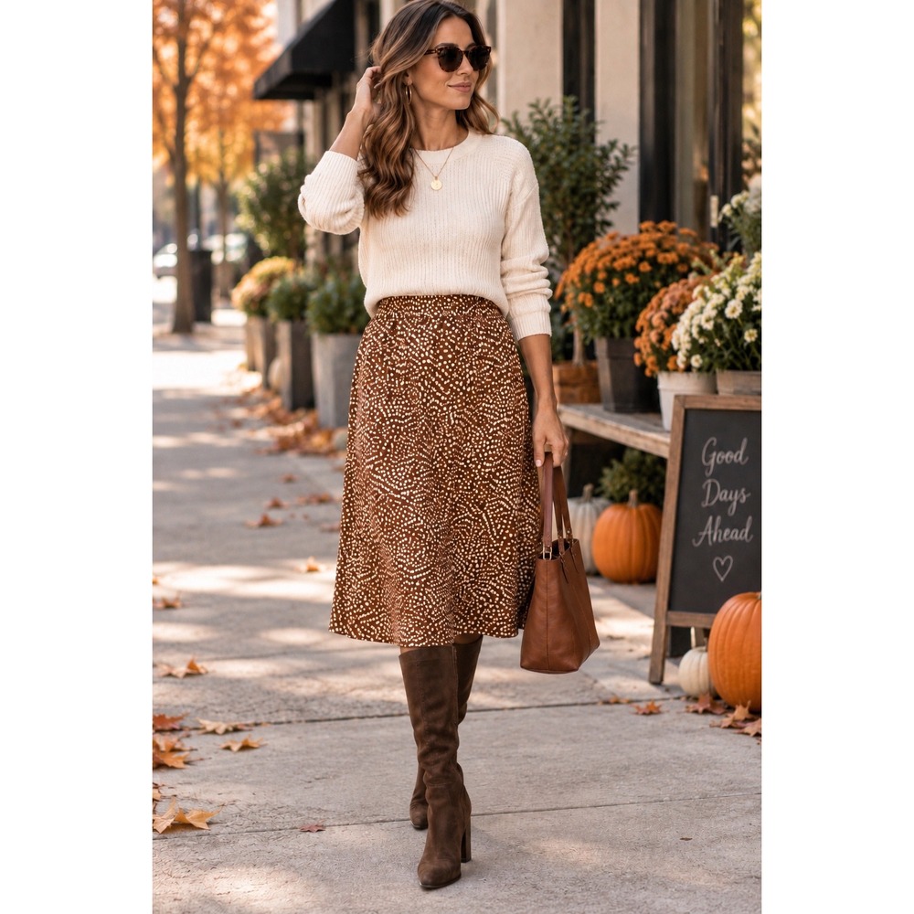 Chic Fall Minimalist Brown Dot Elastic Waist Midi Skirt Boho Coastal Sz M *FLAW